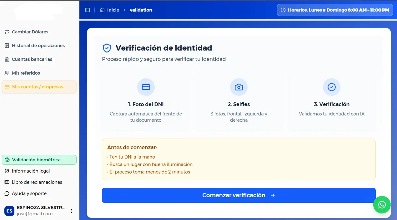 Validación biométrica y verificación de identidad para casa de cambio digital