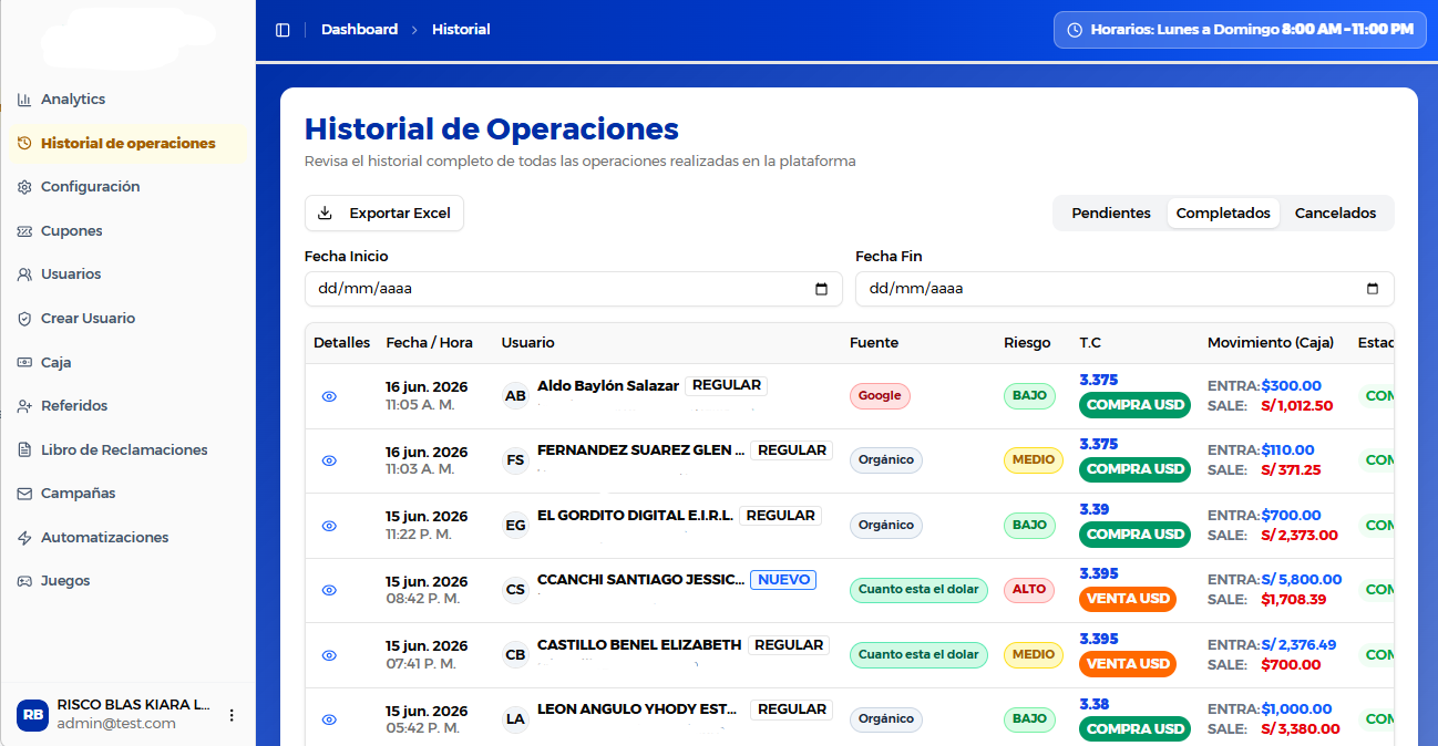 Historial de operaciones para plataforma de casa de cambio digital