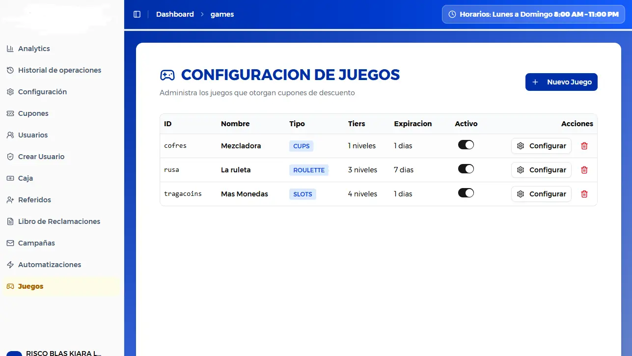 Configuración de juegos y gestión de beneficios para casa de cambio digital