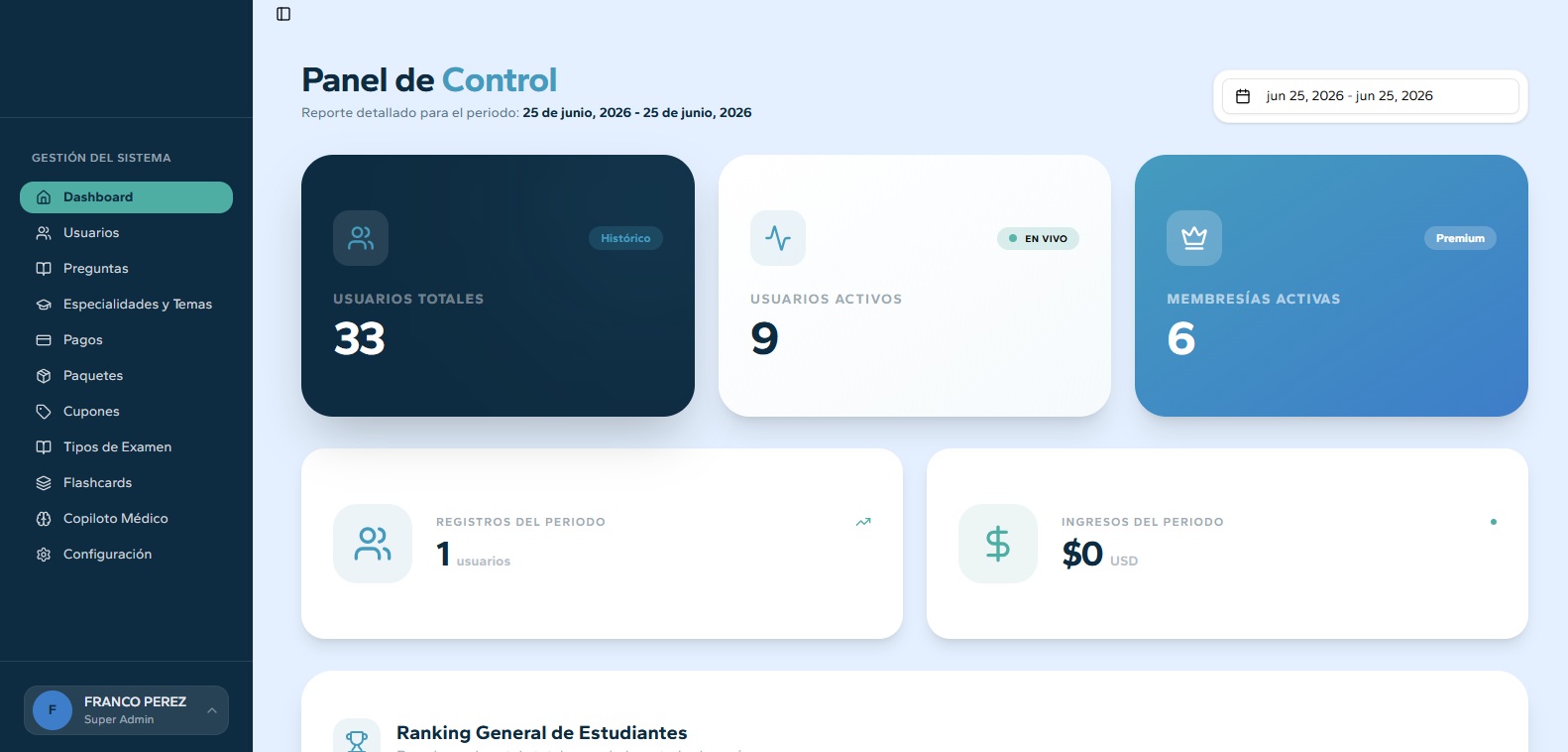 Dashboard principal de la plataforma ExamAI