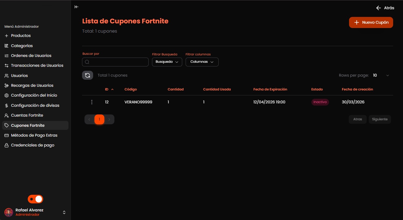 Configuracion de cupones de Fortnite en GamesCenter