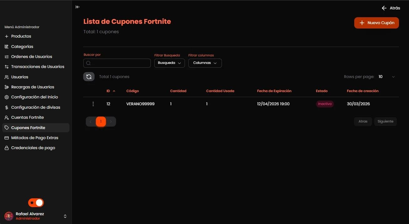 Configuracion de cupones de Fortnite en GamesCenter