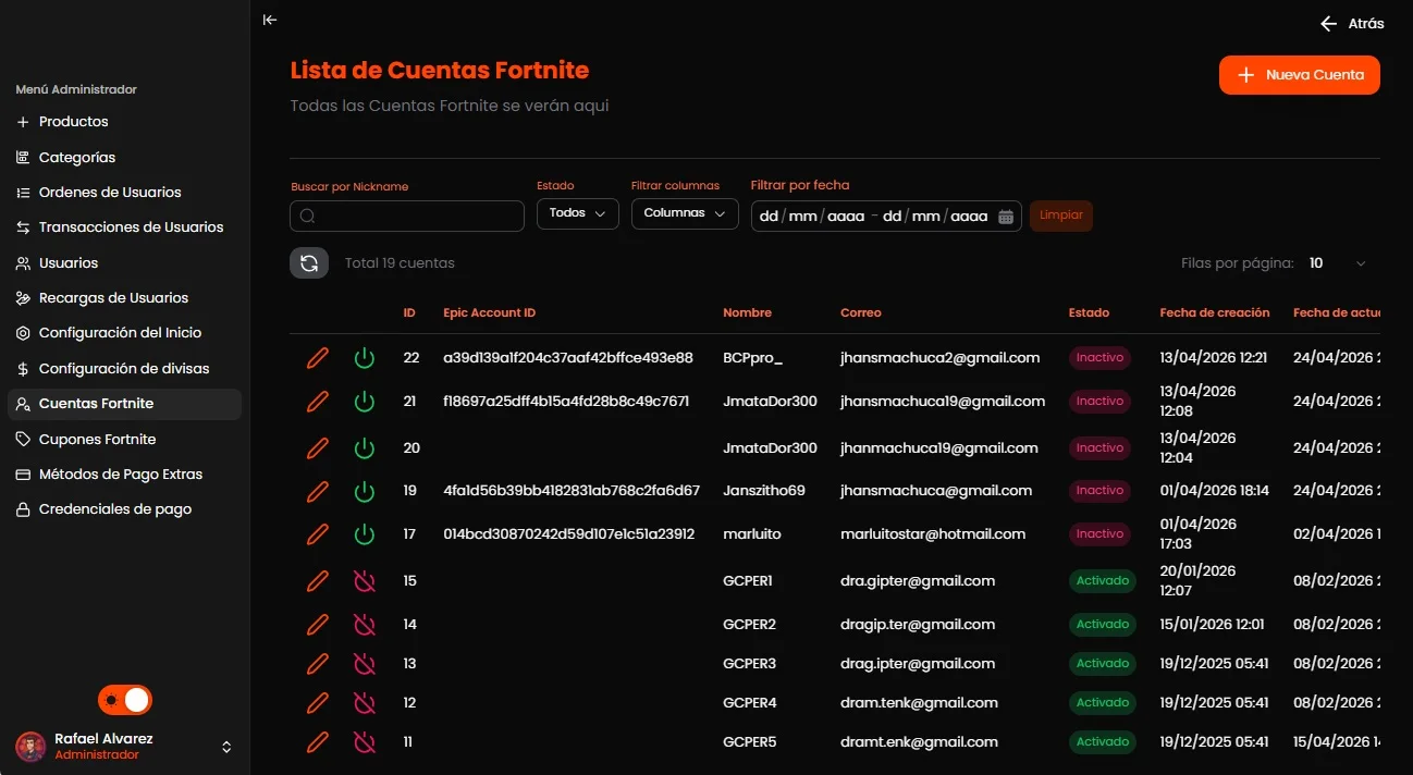 Gestion de cuentas de GamesCenter