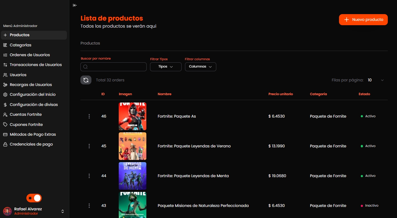 Panel de gestion de productos de GamesCenter