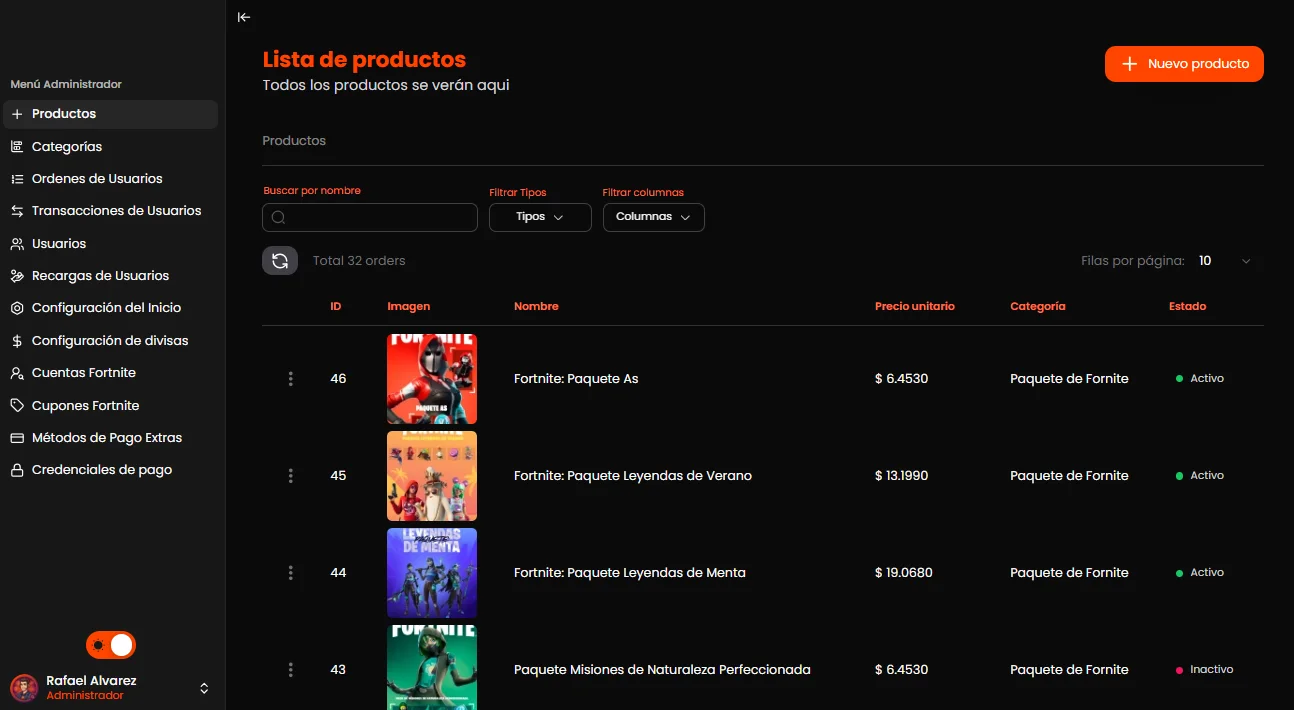 Panel de gestion de productos de GamesCenter