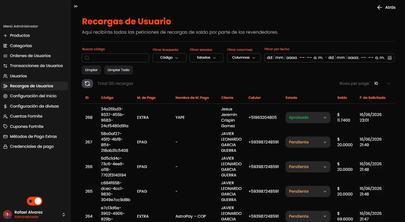 Modulo de recargas de GamesCenter