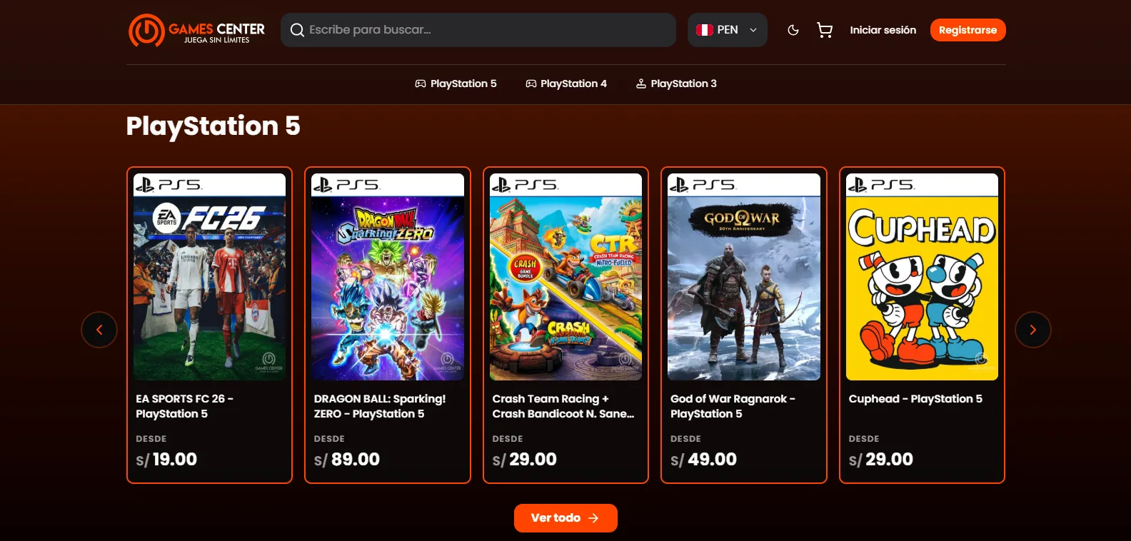 Tienda Games Center Store con catalogo de videojuegos y productos digitales