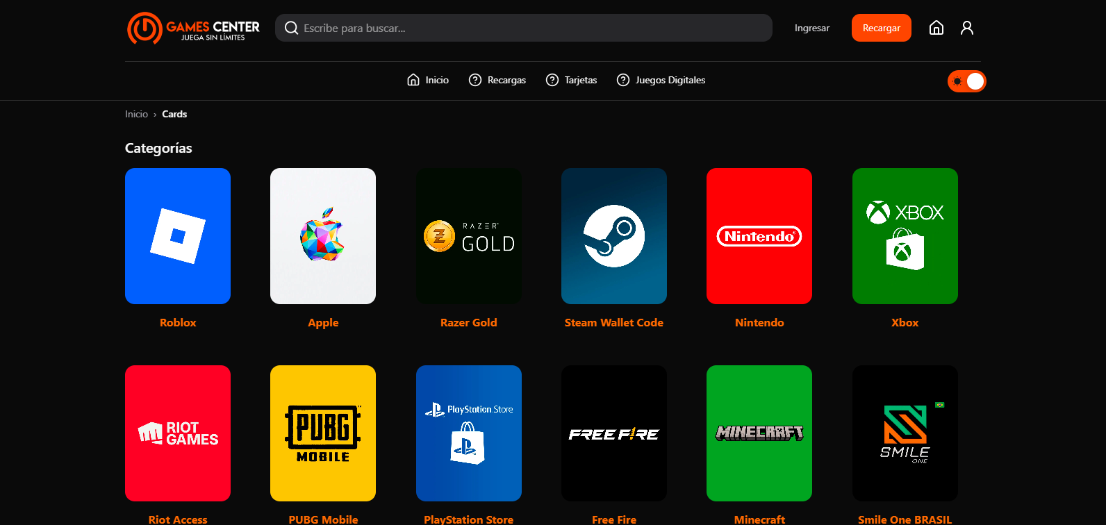 Vista principal de GameCenter.club — tienda de cards digitales