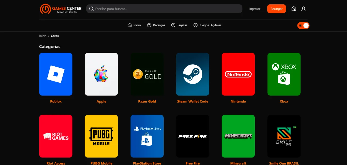 Vista principal de GameCenter.club — tienda de cards digitales
