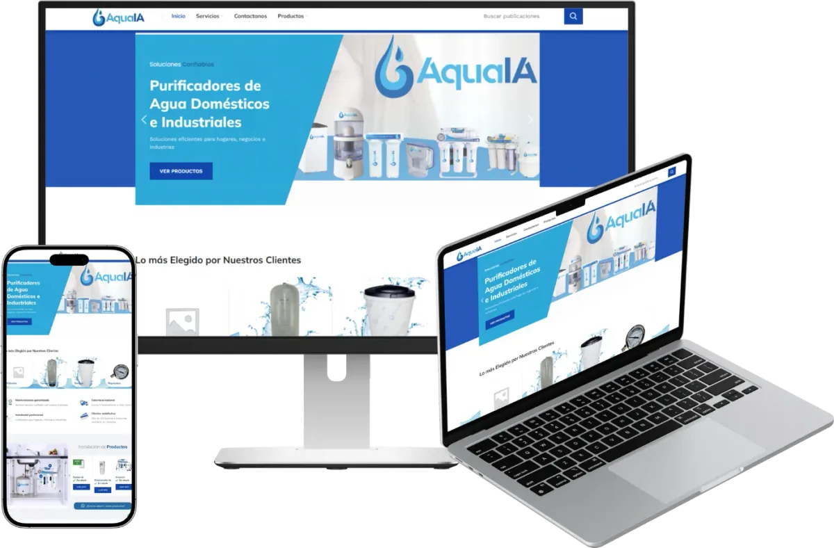 Web de AquaIA, purificadores de agua, en computadora, laptop y móvil