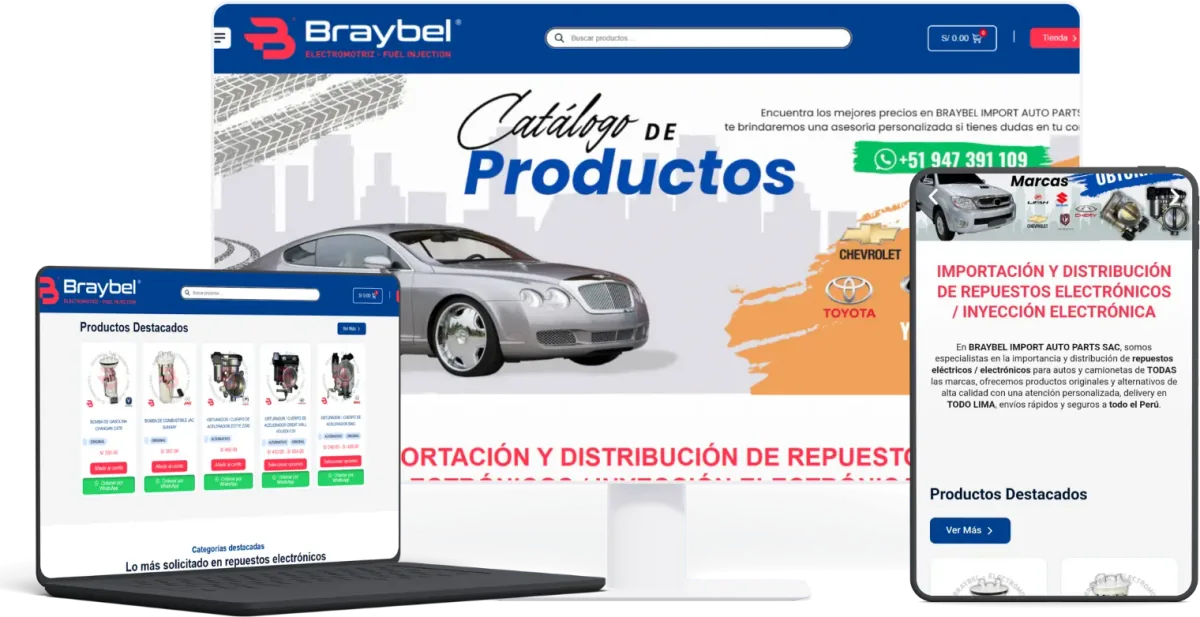 Web corporativa de Braybel en computadora, laptop y móvil