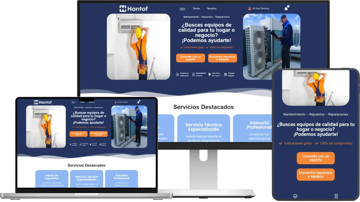 Web de Hantof, mantenimiento y repuestos de climatización, en varios dispositivos