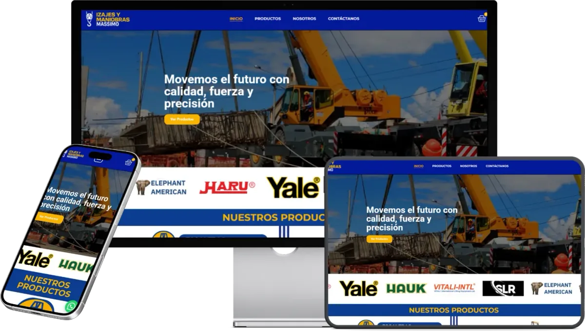 Web de Izajes y Maniobras Massimo en computadora, laptop y móvil
