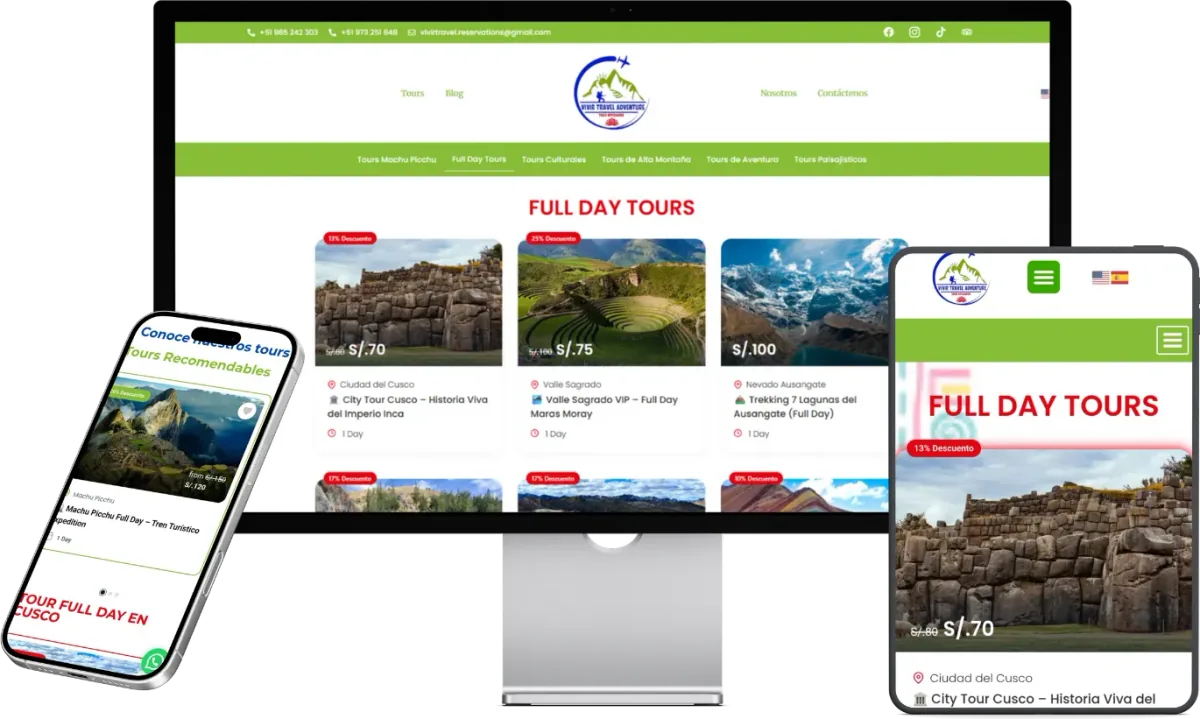 Web de la agencia Vivir Travel Adventure en computadora, laptop y móvil