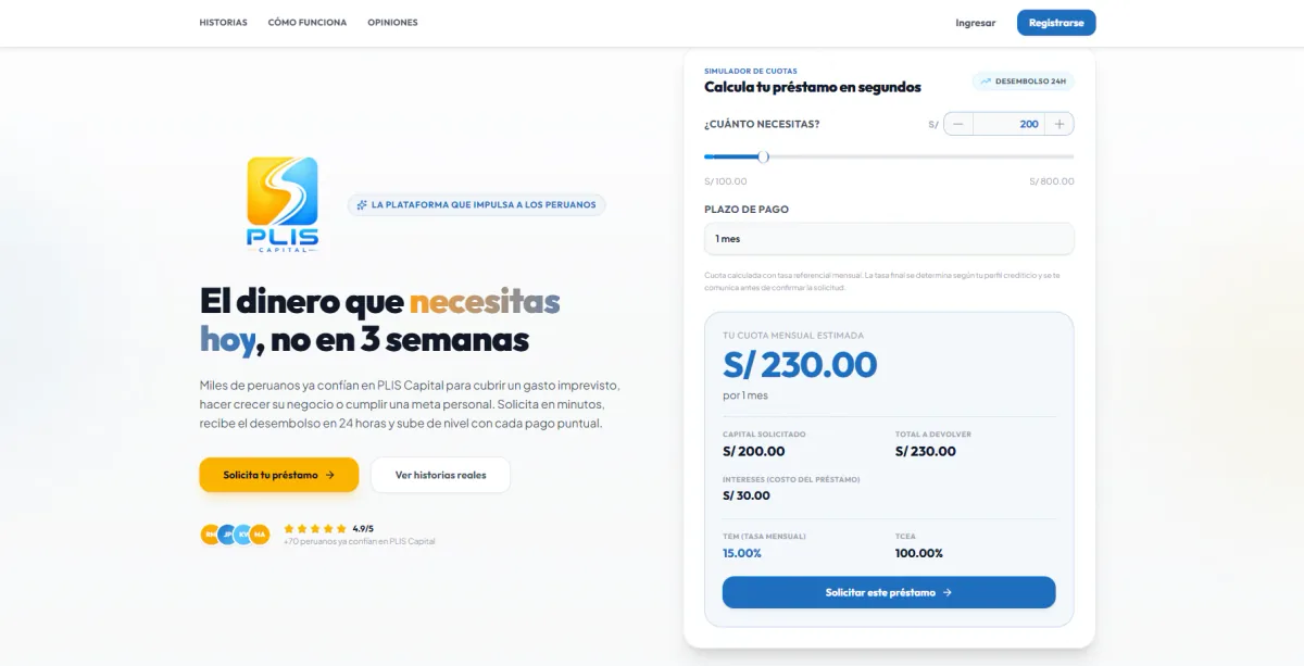 Vista principal de Plis Capital, plataforma de préstamos en línea