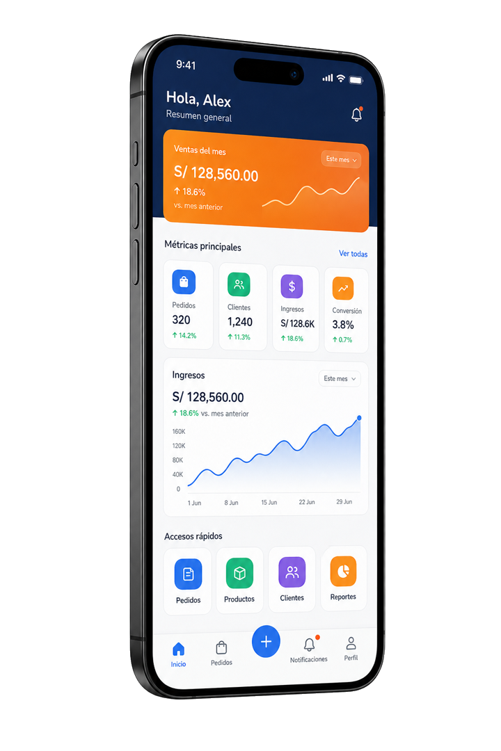 Mockup PNG de celular con dashboard de aplicación móvil desarrollado por BCP Consulting