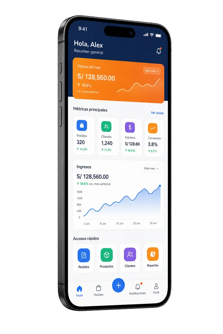 Mockup PNG de celular con dashboard de aplicación móvil desarrollado por BCP Consulting
