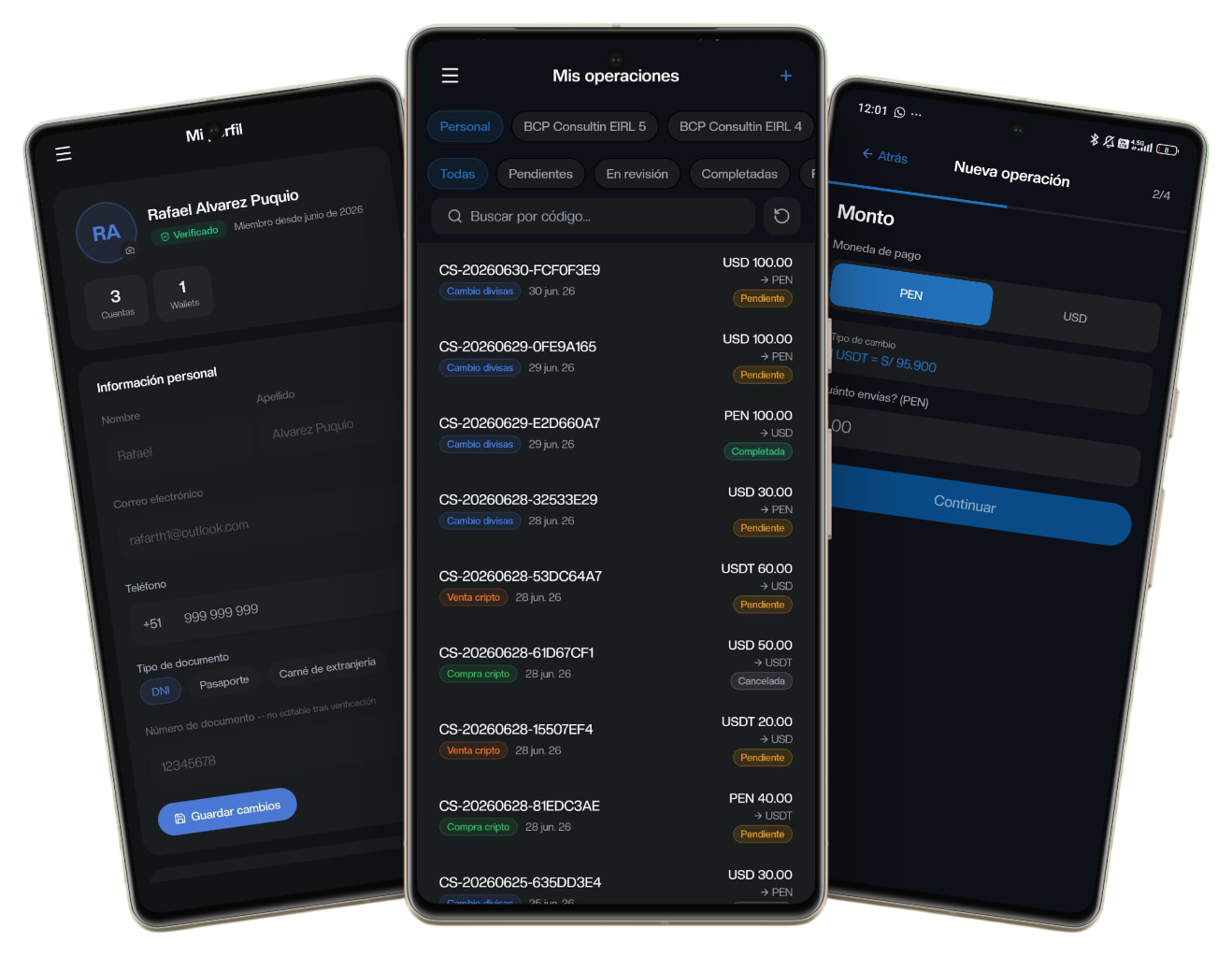 Aplicacion movil Saldo.pe para operaciones de cambio y perfil de usuario