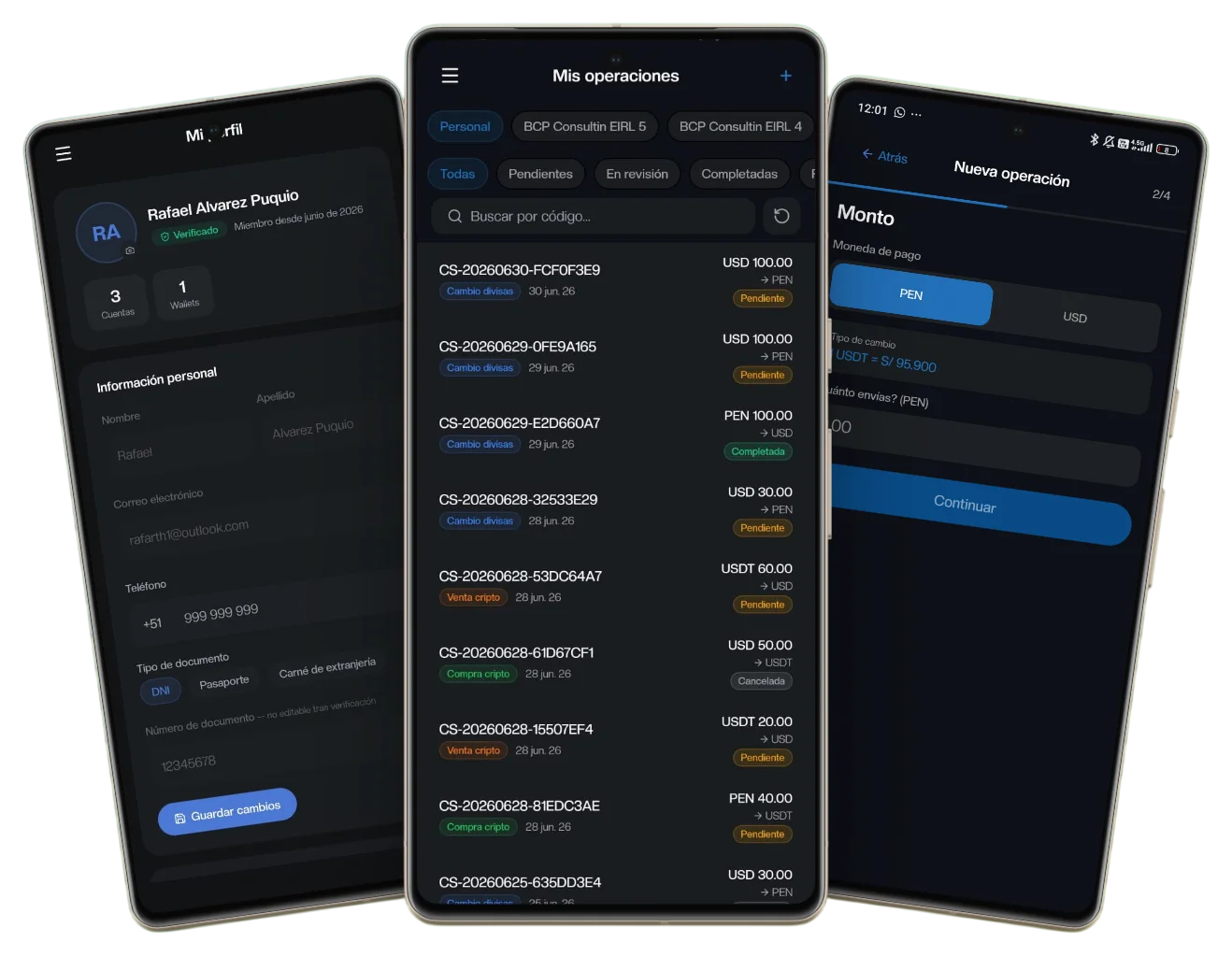 Aplicacion movil Saldo.pe para operaciones de cambio y pago de servicios con criptomonedas