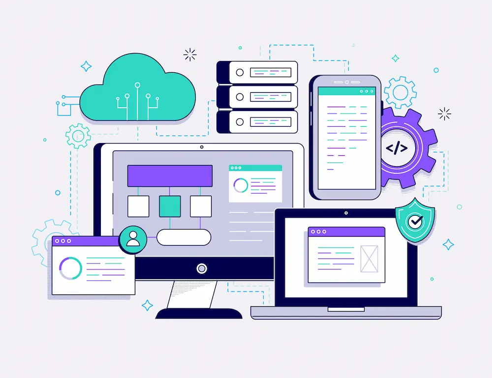 Comparativa visual lado a lado con iconos de ventajas de sistema web vs app móvil.